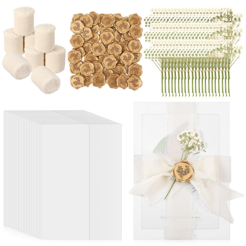 Fuyoooo 50 Sets Wedding Invitations Wraps Set Pre Folded Vellum Jackets for 5 x 7 Invitations Self Adhesive Gold Wax Seal Stickers Dried Baby's Breath Flowers Chiffon Silk Ribbon for Craft DIY - Image 1